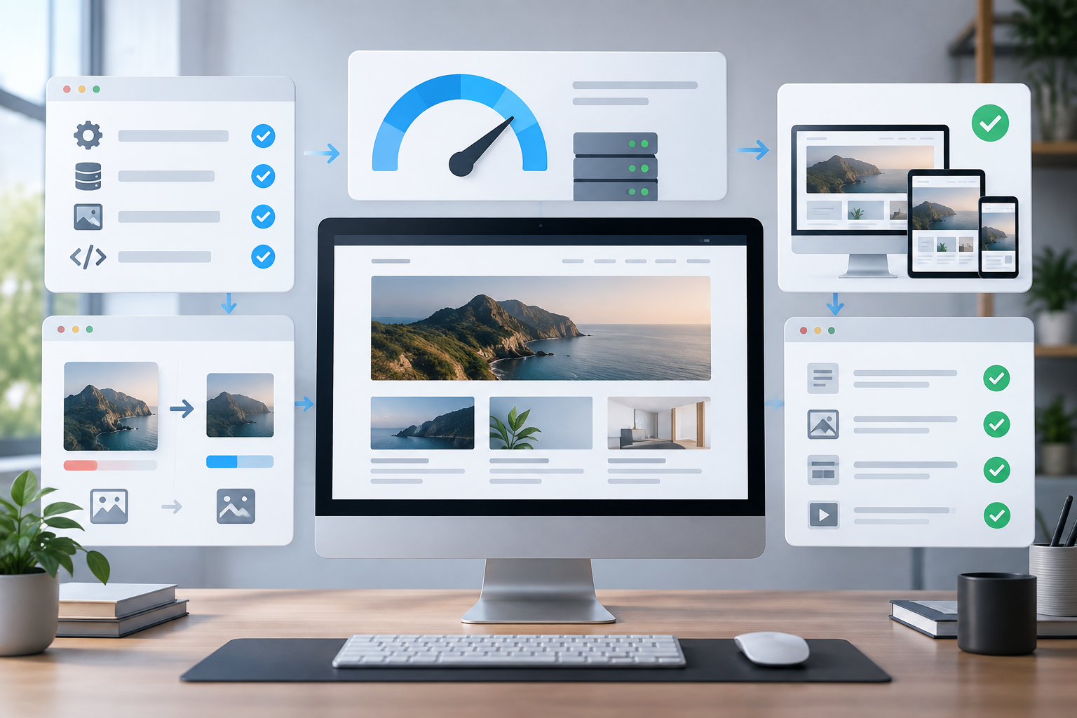 WordPress sitesinin Core Web Vitals performansını temsil eden hız göstergeleri ve web sayfası bileşenleri