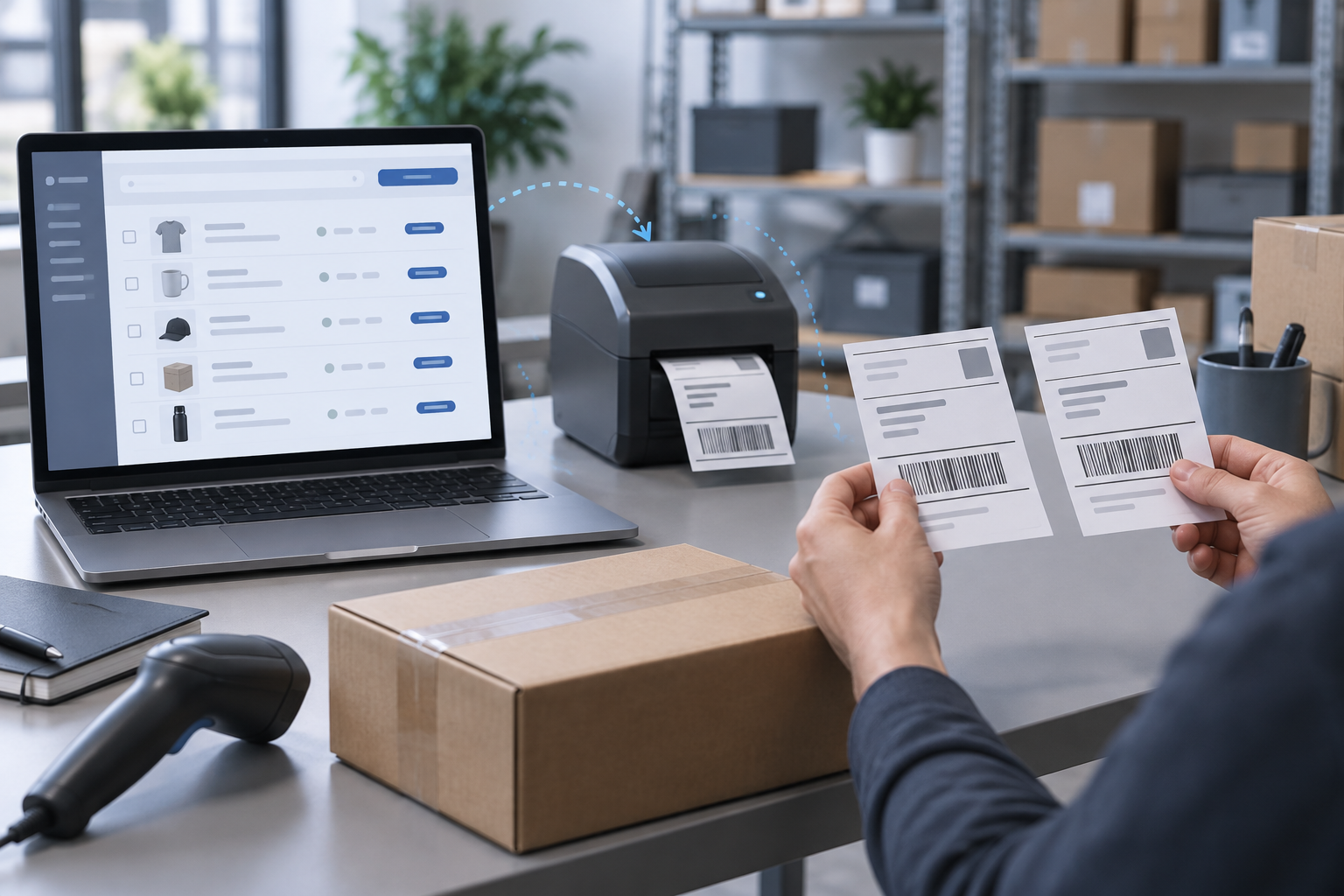 WooCommerce sipariş ekranı, kargo etiketi ve masaüstü etiket yazıcısını temsil eden çalışma alanı